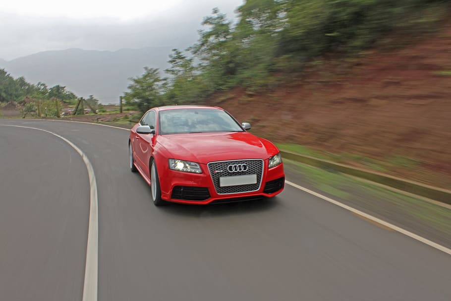 red Audi car near green leafed tree during daytime, Motion HD wallpaper