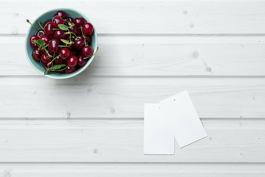 red cherries in bowl, wooden, white, table, food, fruit, freshness HD wallpaper