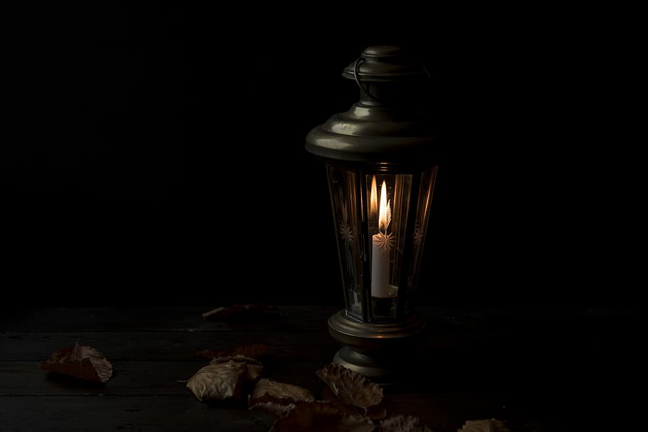 lighted lantern with dried leaves beside it, silver candle lantern HD wallpaper