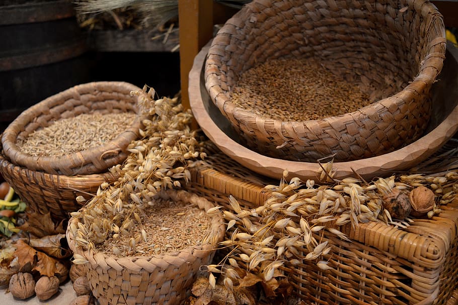 brown wicker basket with grains, showcase, scenery, old, mood basket HD wallpaper