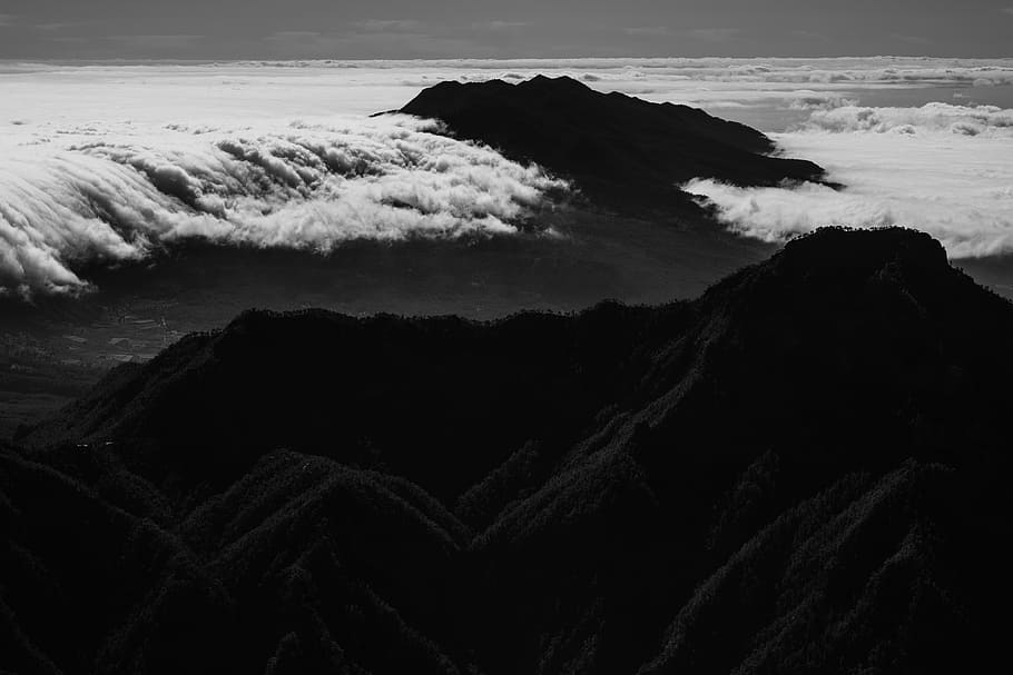 grayscale photography of mountain covered by clouds, landscape photography of mountains covered by clouds HD wallpaper