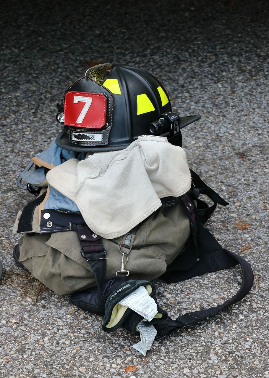 Fire, Gear, Firefighter, Equipment, fire gear, uniform, helmet, HD wallpaper