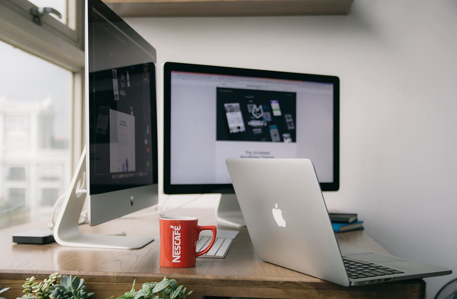 cup, mug, coffee, laptop, computer, apple, macbook, office HD wallpaper