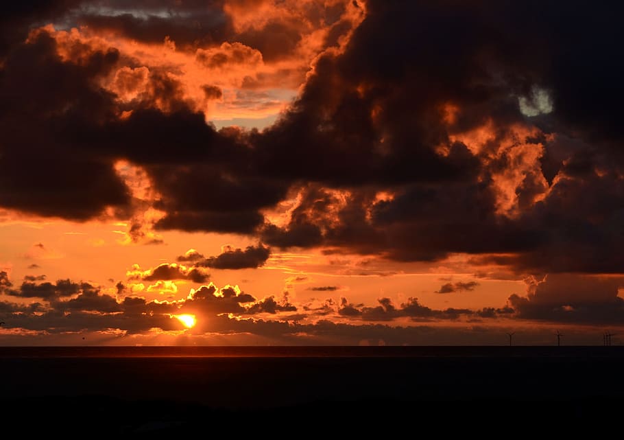 sunset, evening sky, lighting, clouds, mood, borkum, background image HD wallpaper