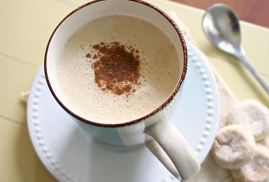 drink on cup beside spoon on table, coffee, mug, coffee cup HD wallpaper