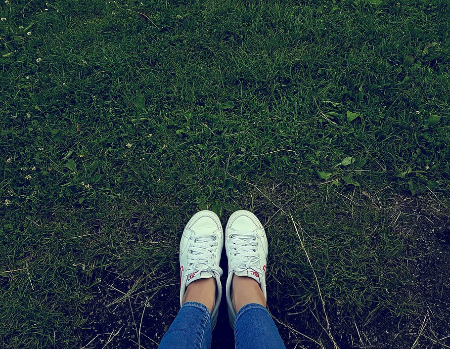 person wearing white low-top sneakers  standing on green grass, HD wallpaper