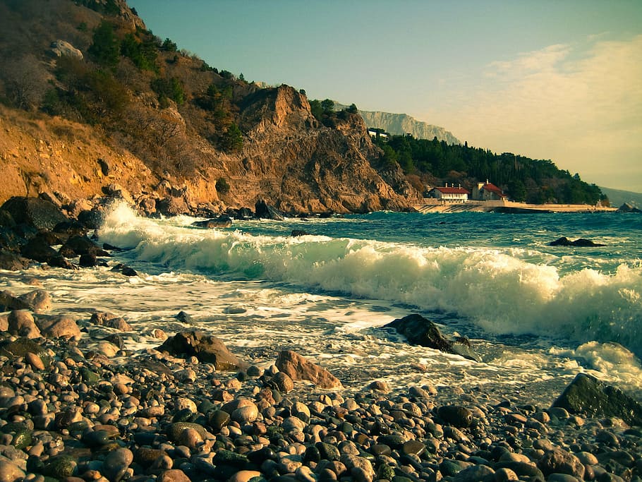 wave, sea, rock, ocean, water, blue, beach, landscape, coast HD wallpaper