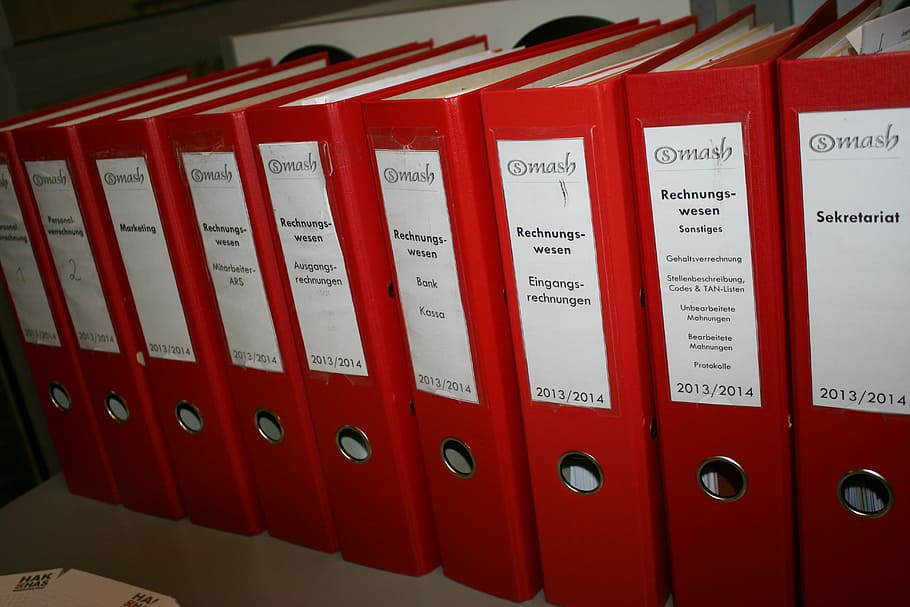 red book lot on shelf, accounting, folder, archive, accountancy, HD wallpaper
