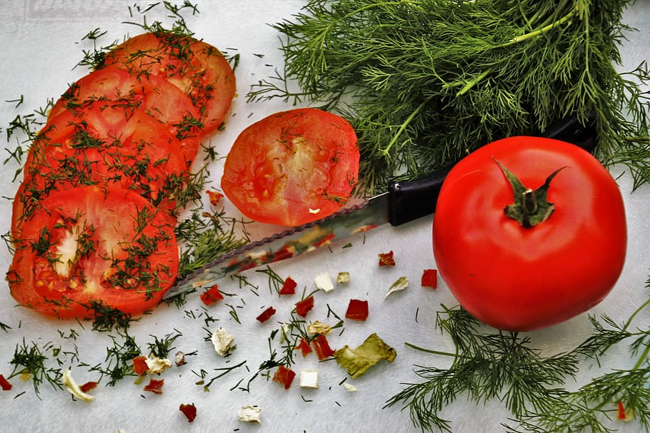 knife beside sliced tomatoes, bio, natural, dill, healthy eating HD wallpaper