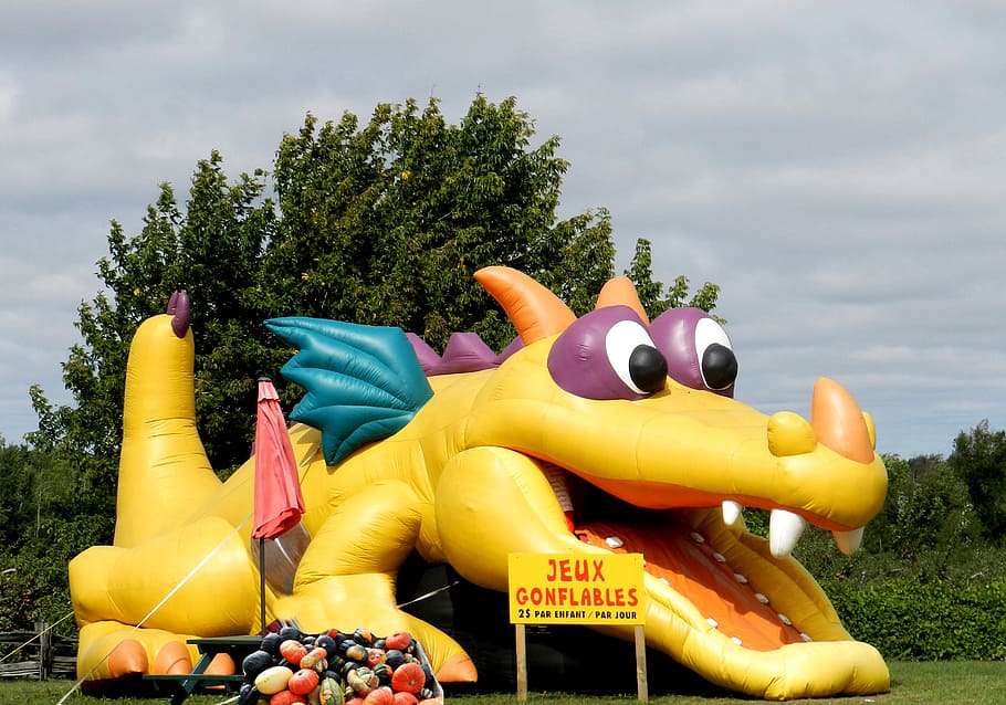 game, game gonfable, attraction, fun, dragon, toy, plant, representation HD wallpaper