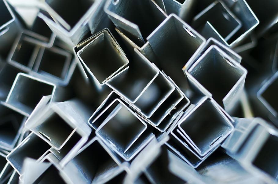 pile of gray metal angle bars, selective focus, form, eco, industrial HD wallpaper