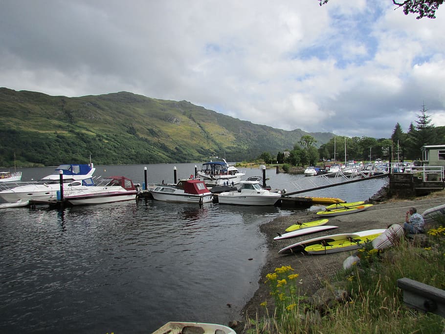 scotland, loch lomond, boats, jetty, landscape, scenic, mountains, HD wallpaper
