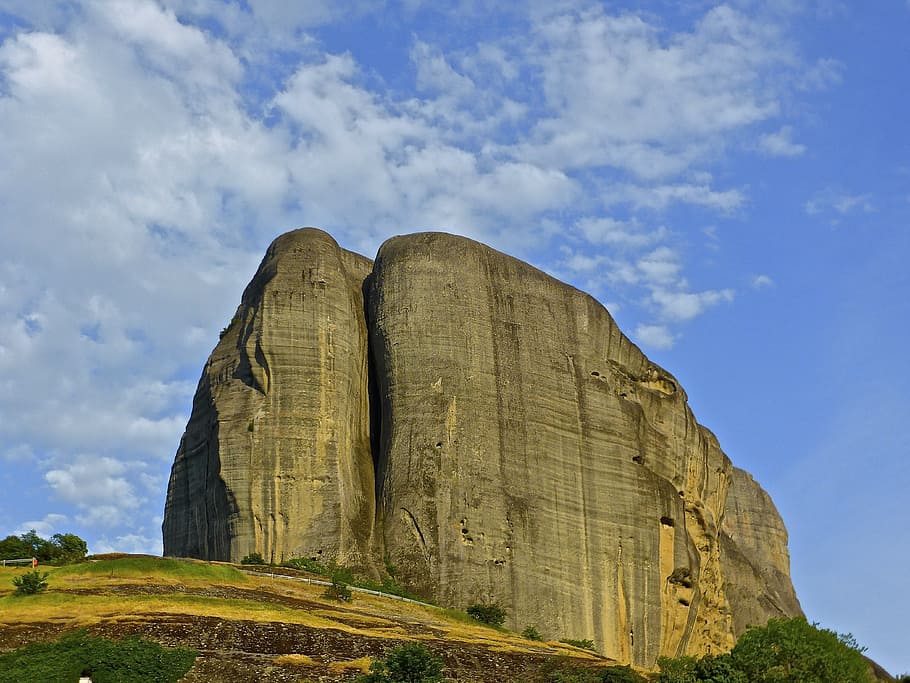 boulder, landmark, meteora, mountain, landscape, stone, rock HD wallpaper