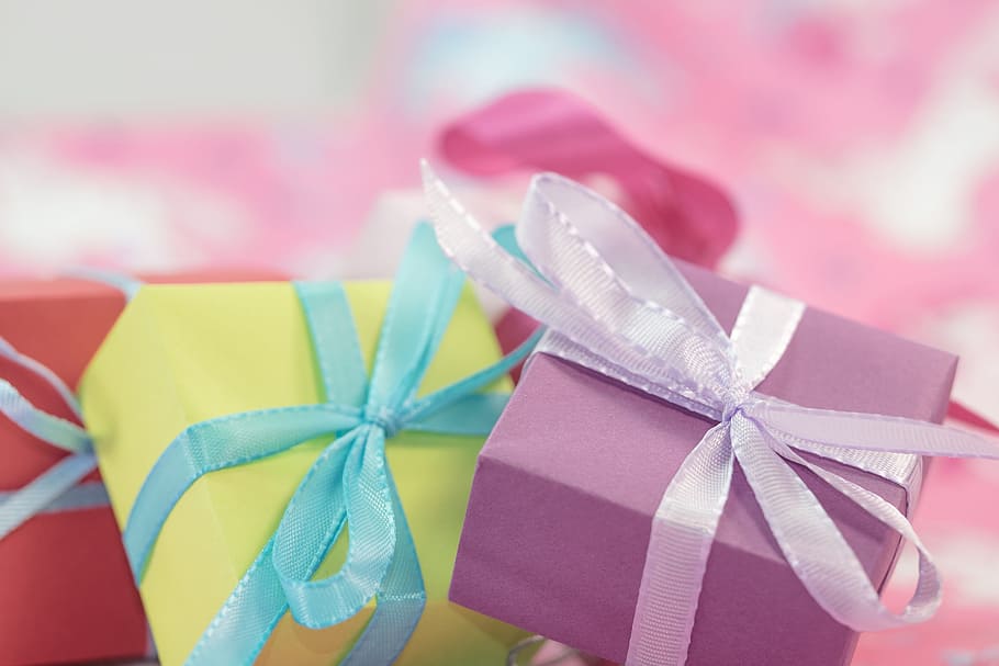macro photography of several multi-colored boxes, gift, made HD wallpaper