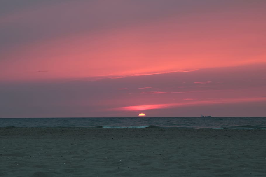 sunset, beach, sea, evening sky, colorful sunset, scheveningen HD wallpaper