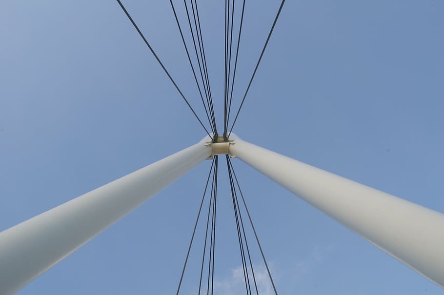 bridge, wire, cable, sky, low angle view, blue, nature, day HD wallpaper