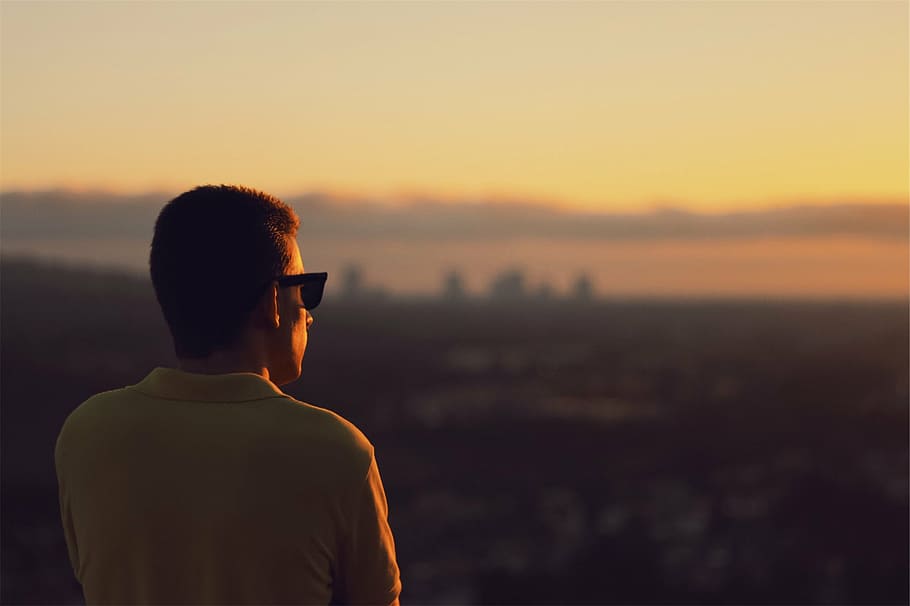 men's yellow top, man, polo, shirt, wearing, sunglasses, sunset HD wallpaper
