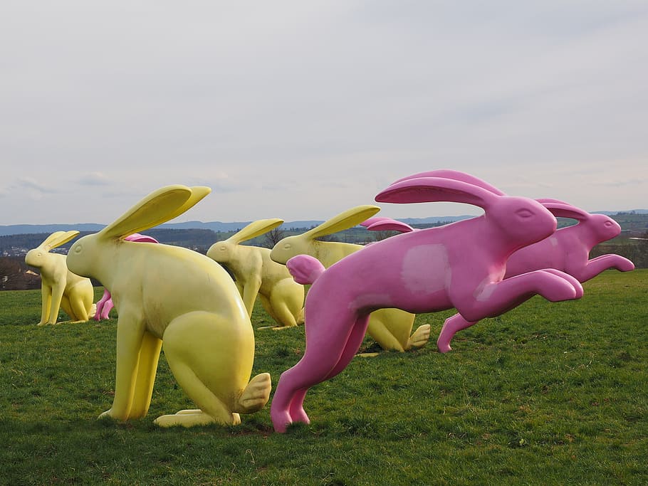 yellow and pink rabbit sculpture lot on grass field, rabbit couples HD wallpaper