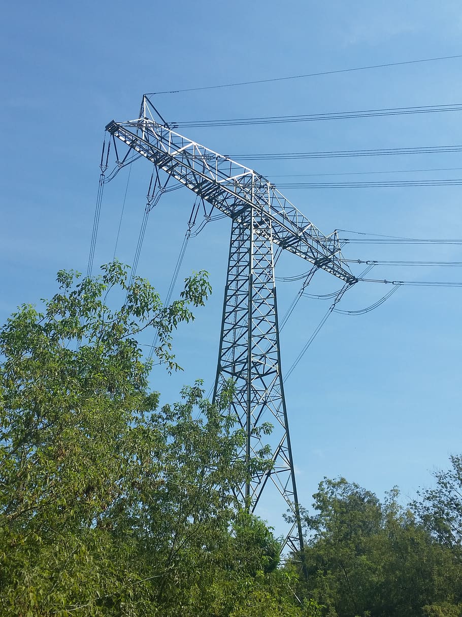 strommast, nature, trees, sky, plant, low angle view, electricity pylon HD wallpaper