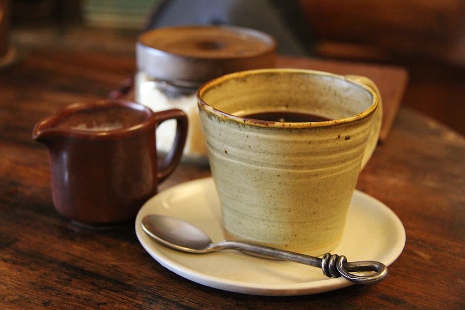 black liquid filled mug with saucer and teaspoon, cup, coffee HD wallpaper