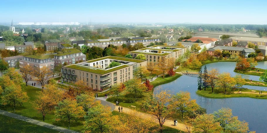city building near body of water, settlement, villa, rendering HD wallpaper
