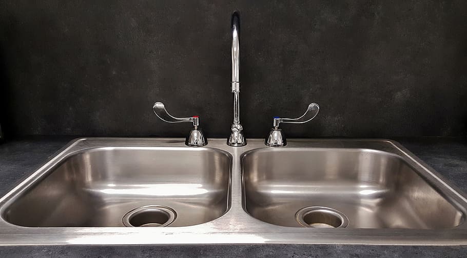 silver double sink with gooseneck faucet, basin, kitchen sink, HD wallpaper
