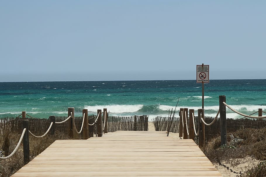 walk, beach, path, coastal, gateway, sea, water, sky, horizon HD wallpaper