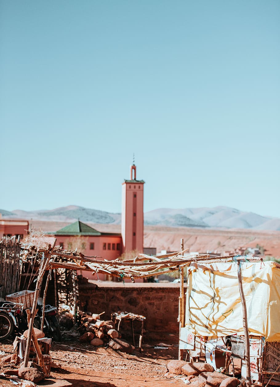 Berber Market, Morocco, pink concrete building near mountain
