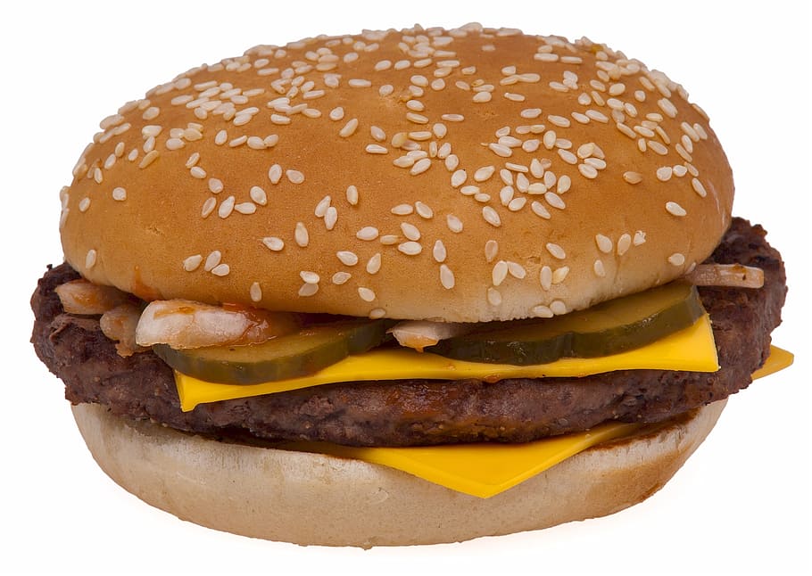 hamburger, cheeseburger, pickles, american, sesame seed, bun, HD wallpaper