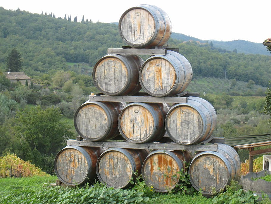 pile of brown wooden barrels, wine, winery, vineyard, agriculture