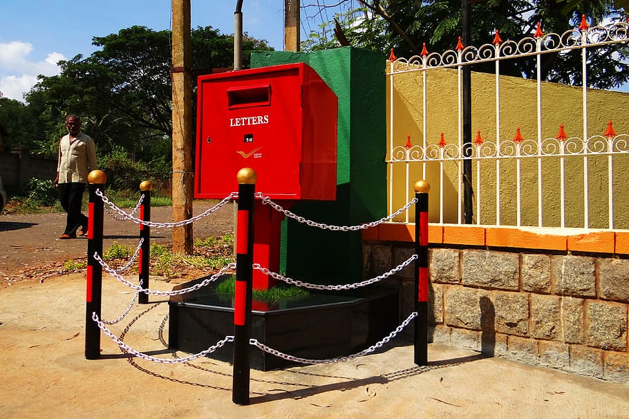 letter box, post box, tv type, red, india post, barricade, man, HD wallpaper