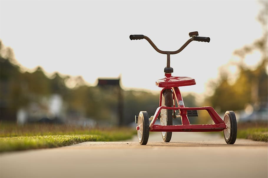 red trike outdoor, showing, bicycle, road, daytime, tricycle