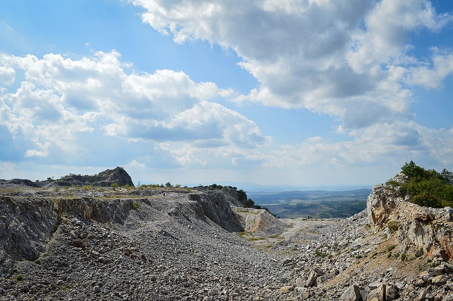 stone, mine, sky, blue, clouds, rock, mineral, quarry, geology HD wallpaper