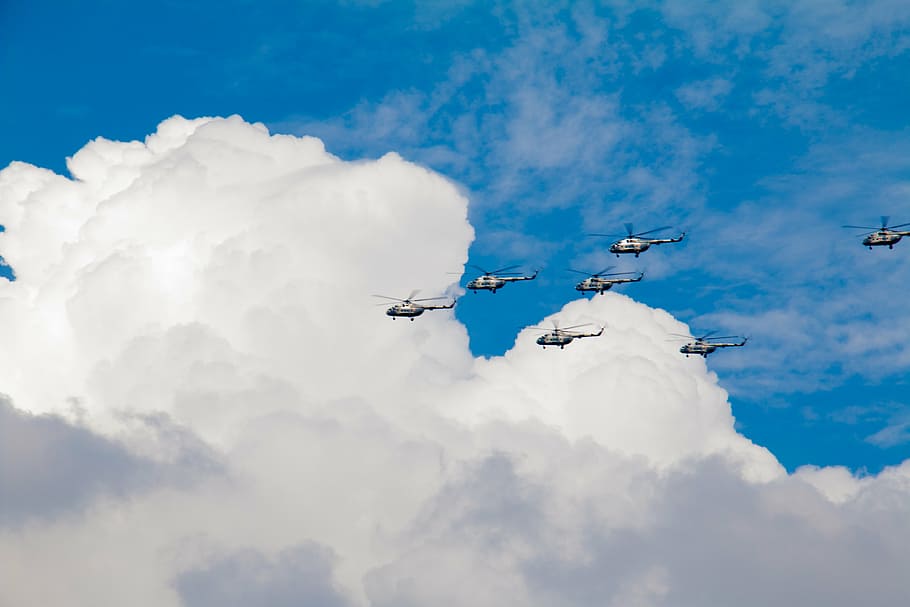clouds, helicopters, aircraft, sky, pilot, fly, parade, transport HD wallpaper