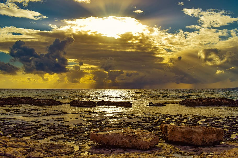 seashore during golden hour, sunset, beach, dusk, sky, clouds HD wallpaper