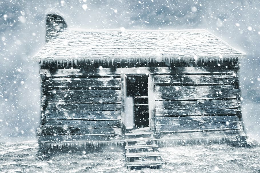 snow covered white wooden house, winter, hut, shack, abandoned HD wallpaper