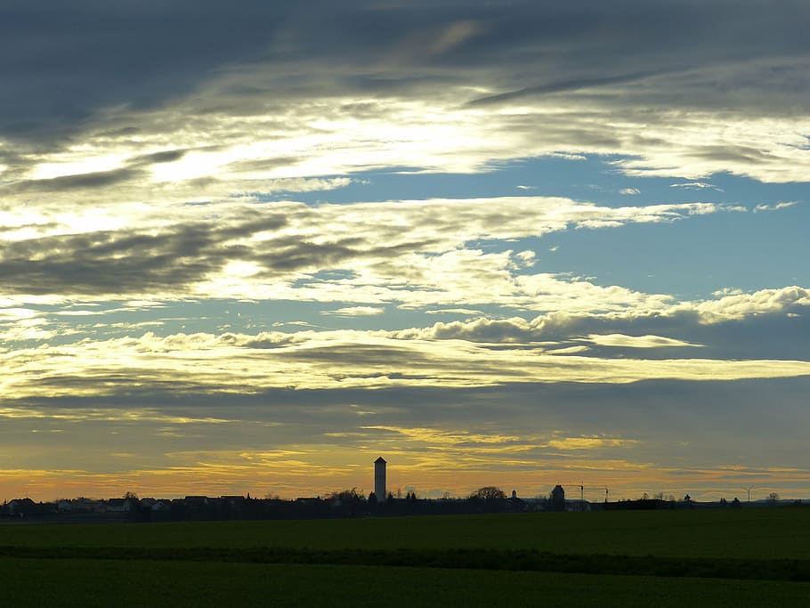 sky, sunset, evening sky, tower, winter, landscape, swabian alb HD wallpaper