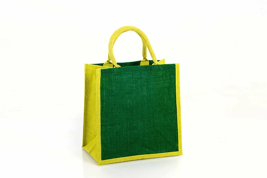 green tote bag, burlap, advertising, cut out, white background
