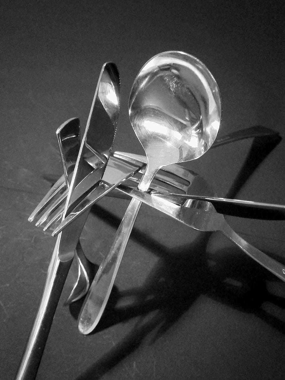 gray cutlery decor, artwork, piecing together, chrome, knife HD wallpaper