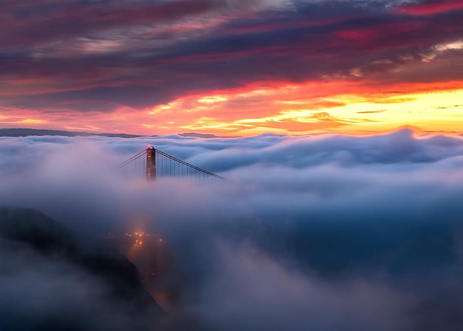 Golden Gate Bridge during golden hour, aerial view of San Francisco Bridge HD wallpaper