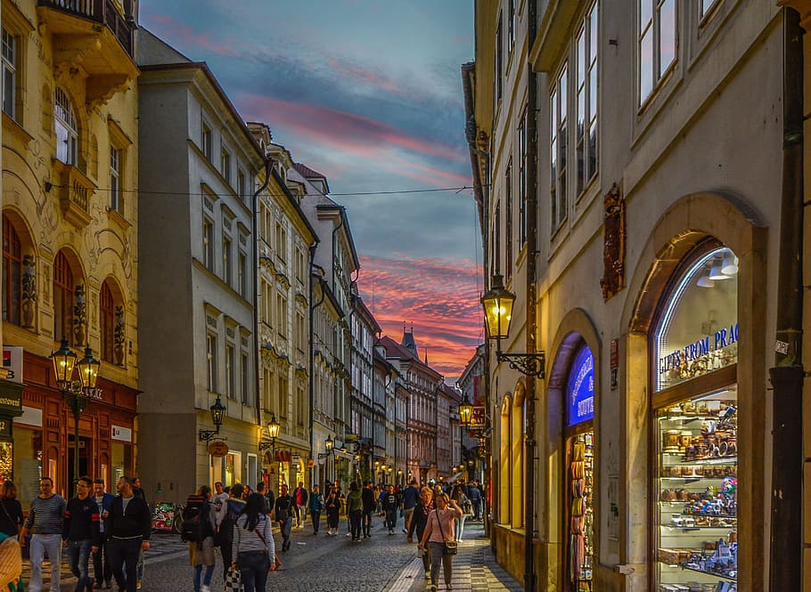 group of person walking on alley, Prague, Twilight, City, Old, Town HD wallpaper