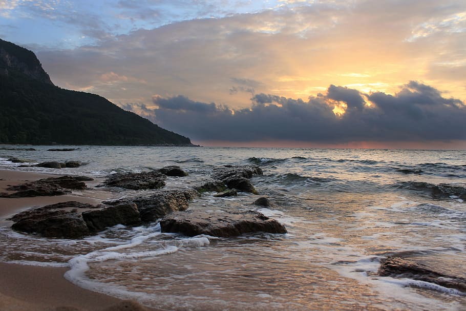 sunset, marine, beach, landscape, clouds, turkey, bartin, water HD wallpaper