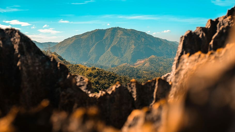 brown rock mountain near mountain, aerial view of mountain, landscape HD wallpaper