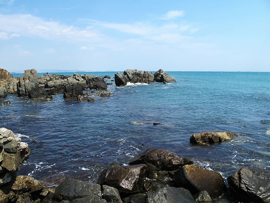 sea, rock, waves, sky, rocky beach, blue sea, horizon, rock - Object HD wallpaper