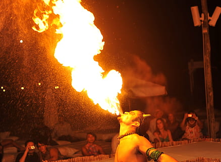 man breathing fire, firedancer, flame, hot, burn, heat, danger HD wallpaper