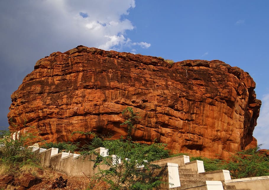 sandstone, red, badami, monolith, eroded, erosion, rocks, formation HD wallpaper