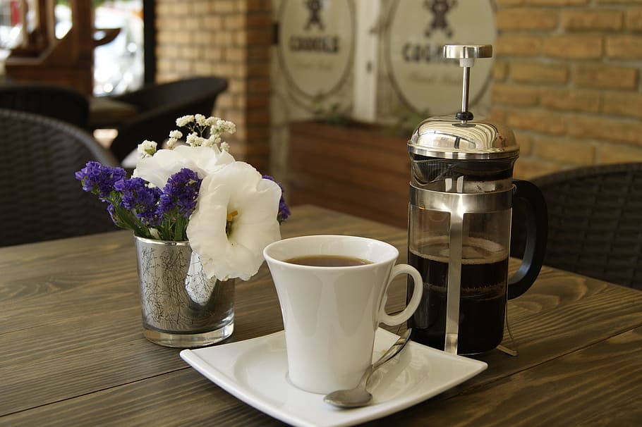 coffee, filter coffee, cafe, drink, cup, flowers, hot, food and drink HD wallpaper
