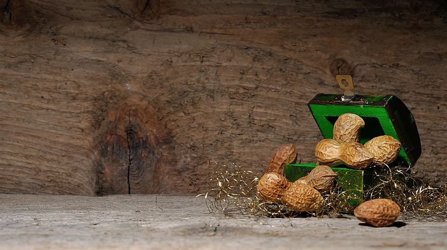 brown peanuts and green box, background, wood, treasure chest HD wallpaper