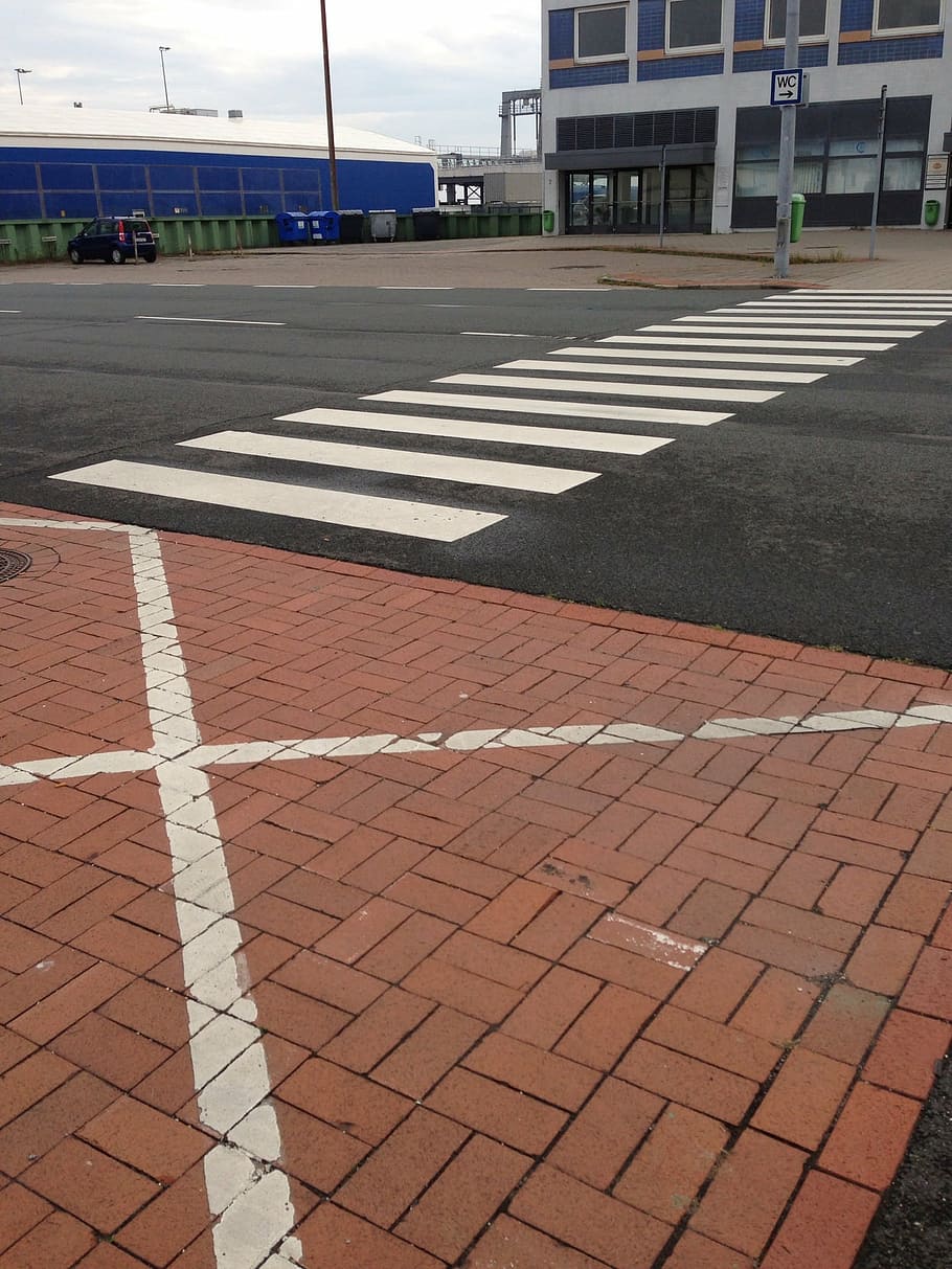 zebra crossing, road marking, bremerhaven, columbus kai, transportation, HD wallpaper