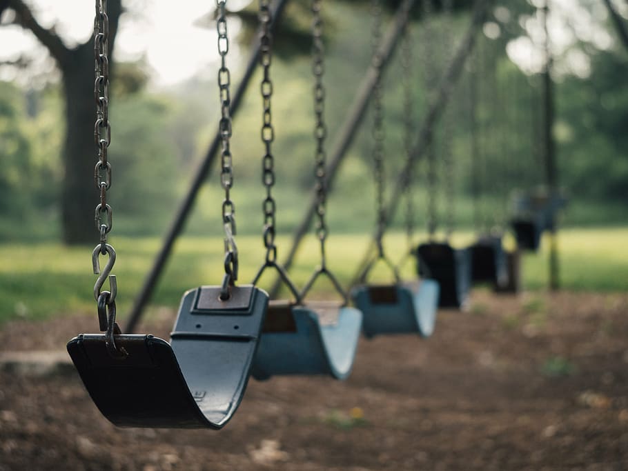 selective focus photography of swing, playground, swings, park HD wallpaper